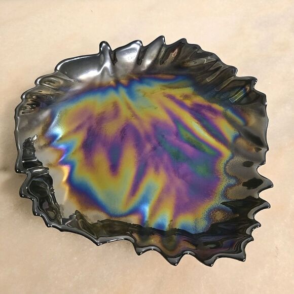 Yalos Casa Murano Glass Black Iridescent Large Leaf Dish Bowl Italy Vintage - Picture 1 of 8